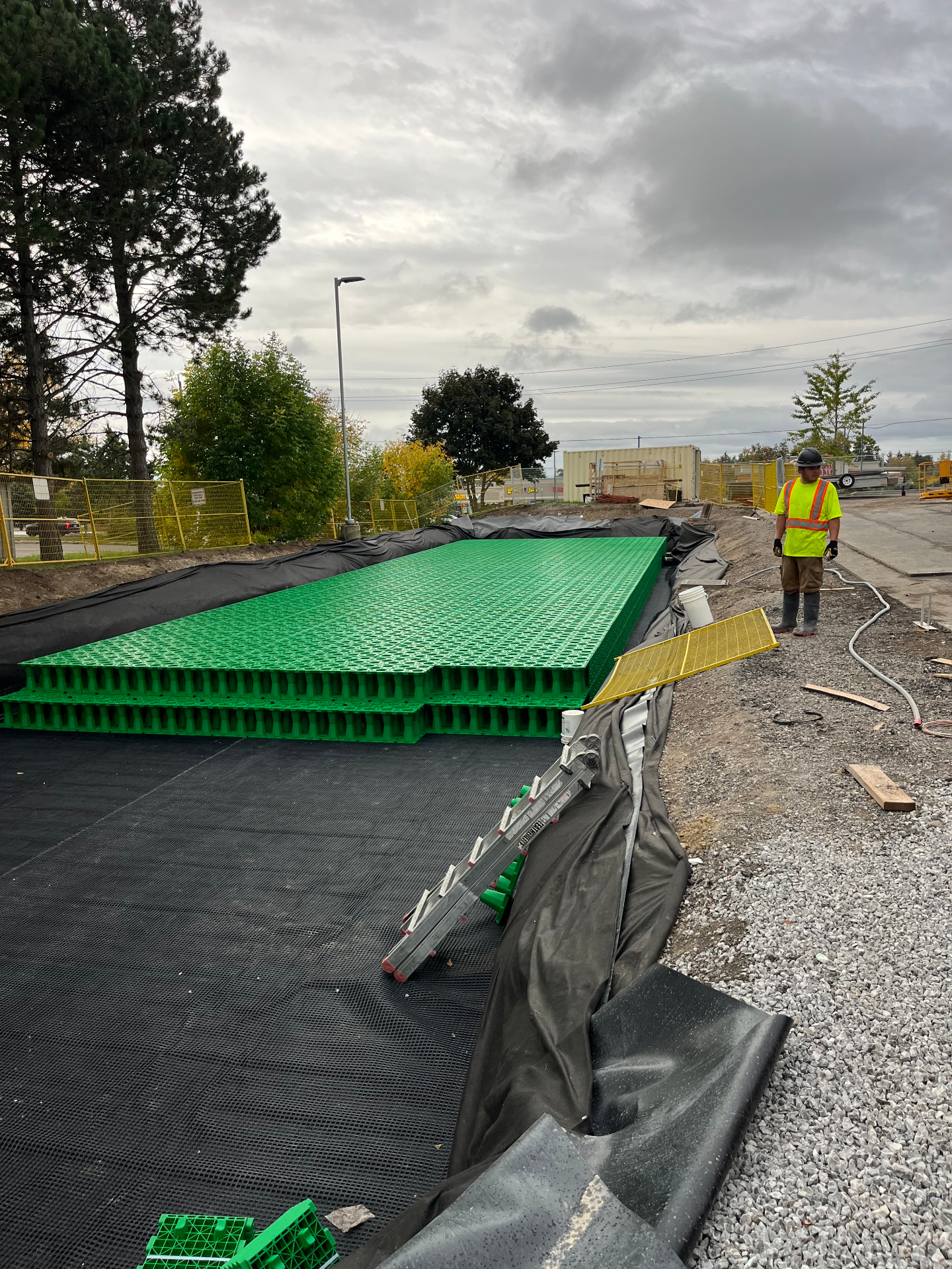 Underground stormwater storage chambers being installed on a commercial site